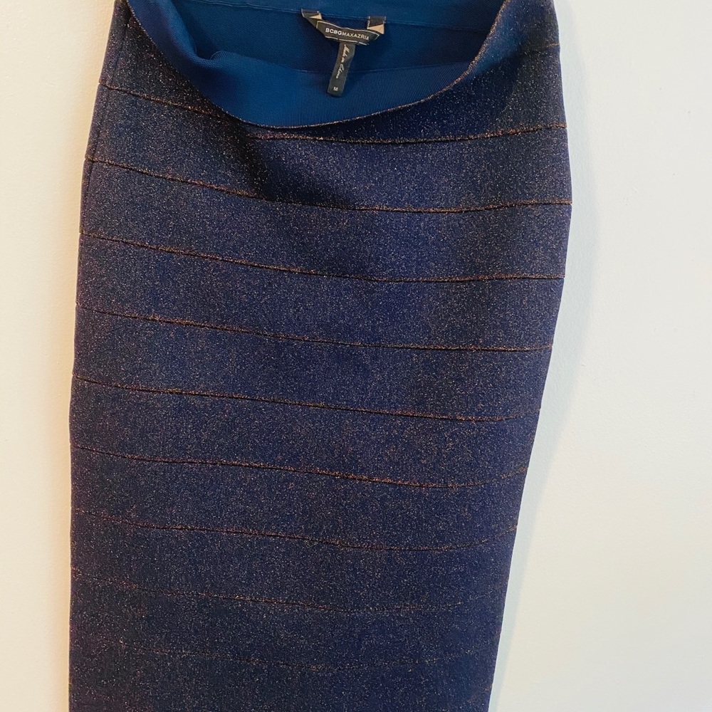 BCBGMaxazria blue and gold bandage skirt